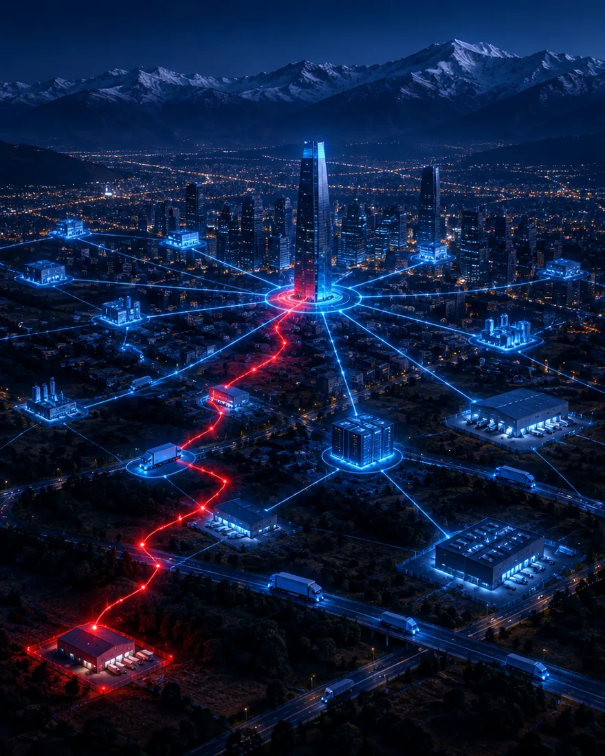 Red de proveedores conectada a una empresa en Santiago, con una ruta de ataque en rojo que entra por un proveedor pequeño y avanza hasta la empresa principal