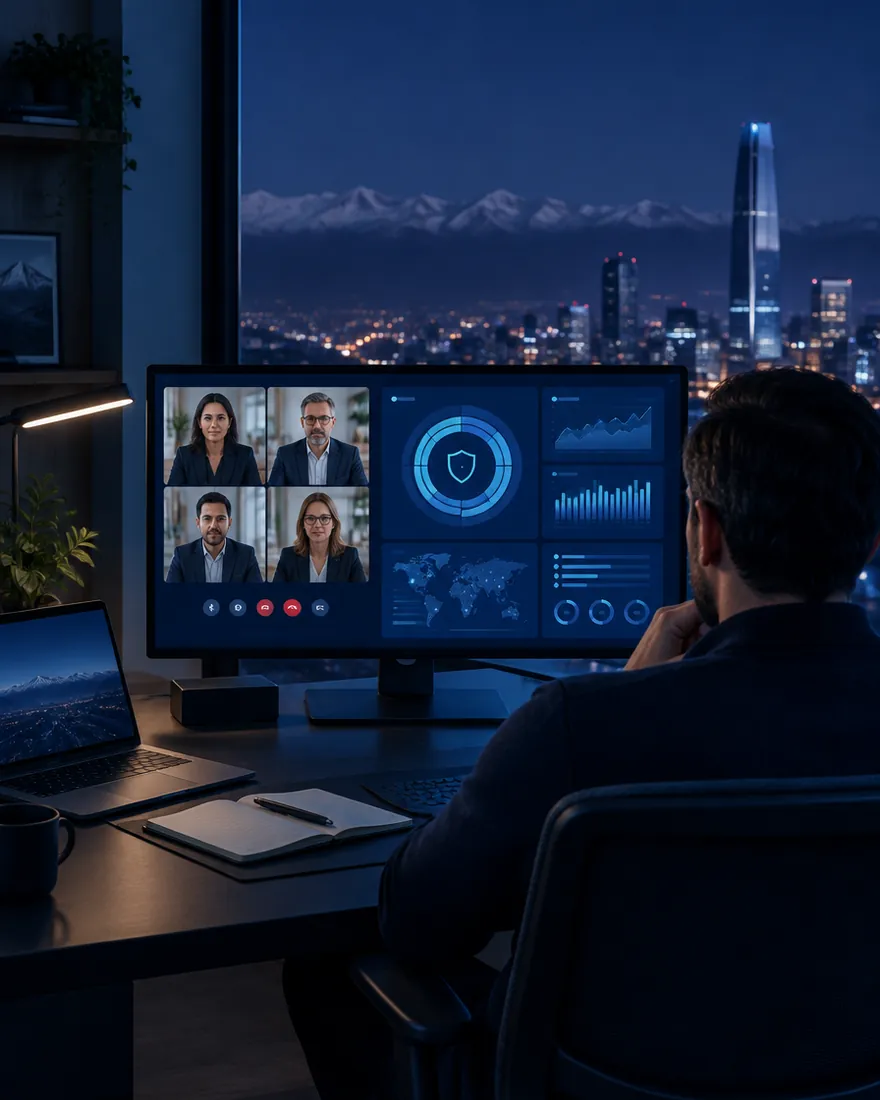 Especialista en ciberseguridad en videollamada con la gerencia de una empresa, junto a un panel de indicadores de seguridad